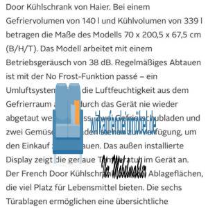 Haier French Door HB20FPAAA, 200,5 cm hoch, 70 cm breit 2 Jahre alt