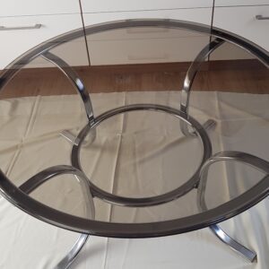 Runder Vintage - Rauchglas-Couchtisch, H:48cm , 1m breit