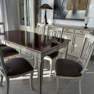 Empire style solid walnut dining room set, with ivory patina and marquetry.