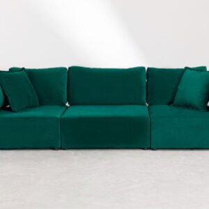 Modulares 4-teiliges Sofa mit 2 Ecksesseln und Kata Velvet Puff - Samtartige Textur : GRÜN JUNGLE