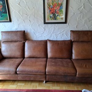 Braune Ledercouch mit 4 Sitzelementen und 2 Sesseln